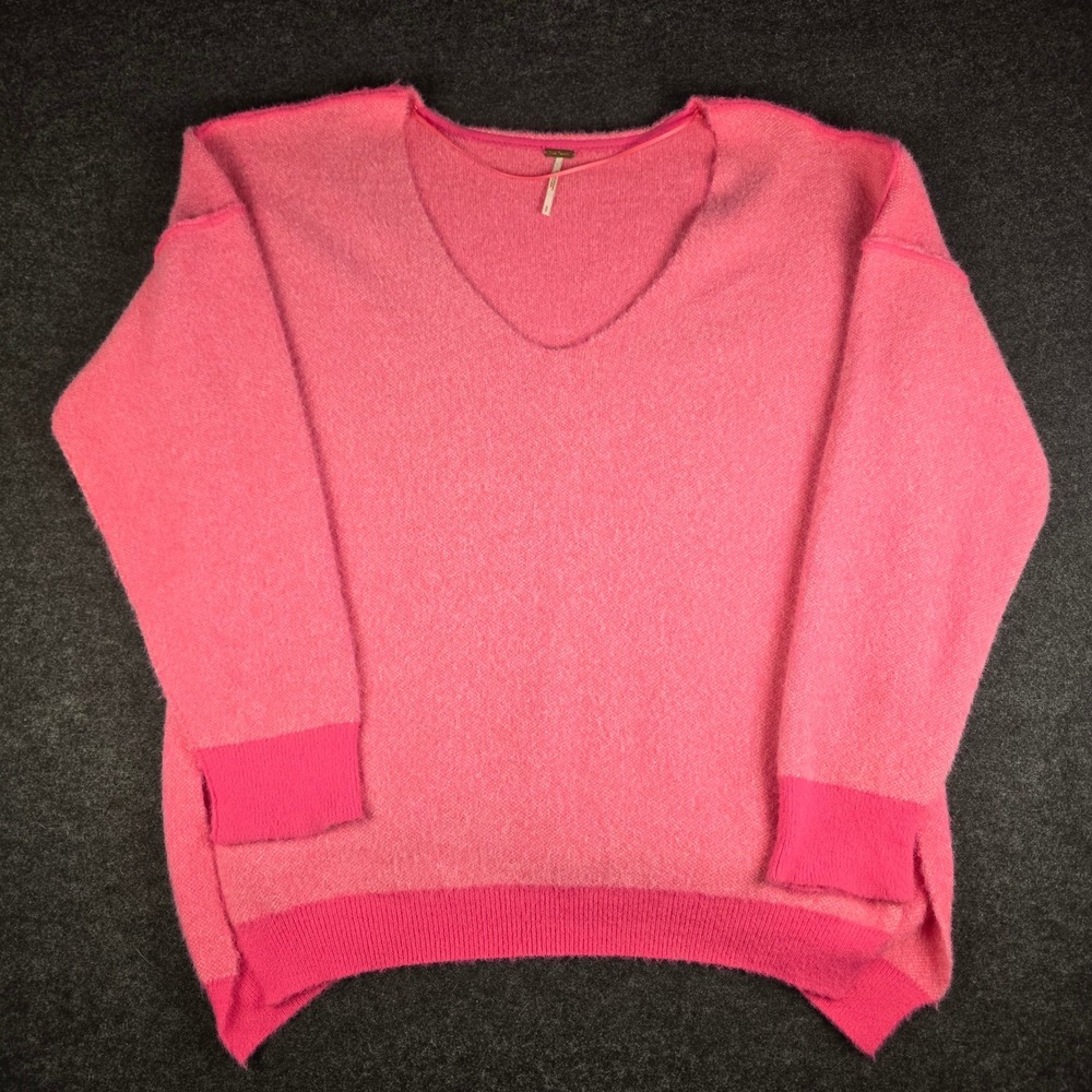 Free People Hot Pink Fuzzy V-Neck Oversized Sweater Drop Shoulder Women's Small